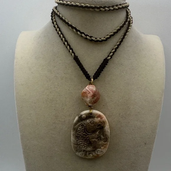 Handcrafted Coral Fossil Jade Fish Carving Pendant Necklace on Adjustable Rope - Picture 2 of 13